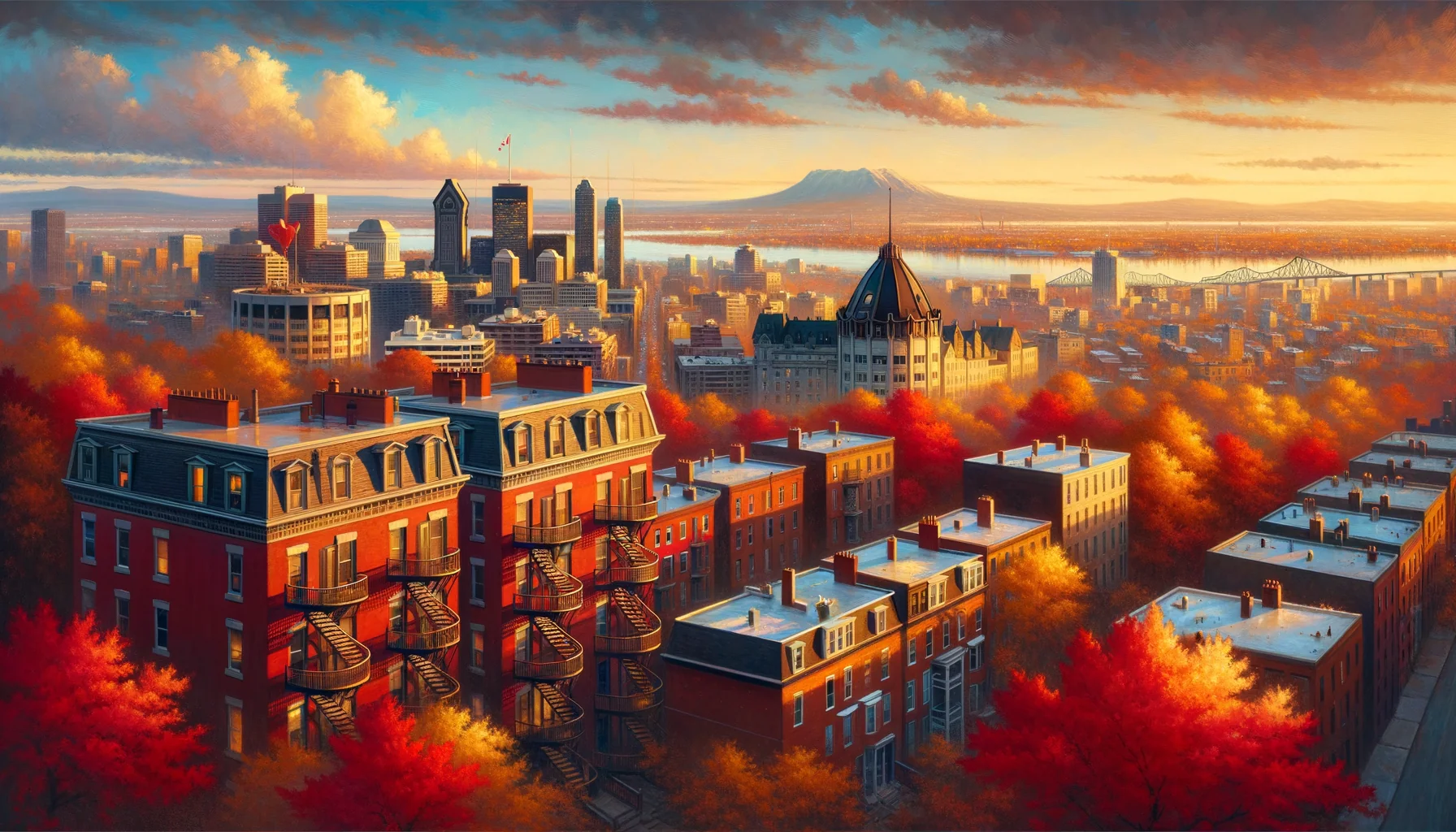 Vue aérienne du Grand Montréal au coucher de soleil — toits du Plateau, escaliers extérieurs, skyline et Mont-Royal